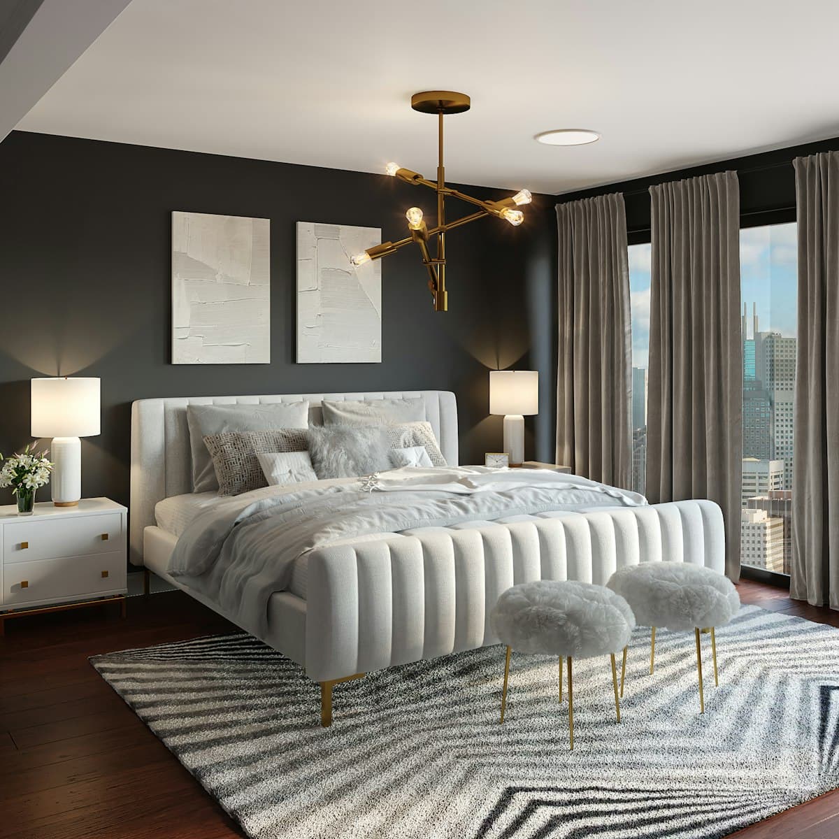 Elegant master bedroom with floor-to-ceiling city views